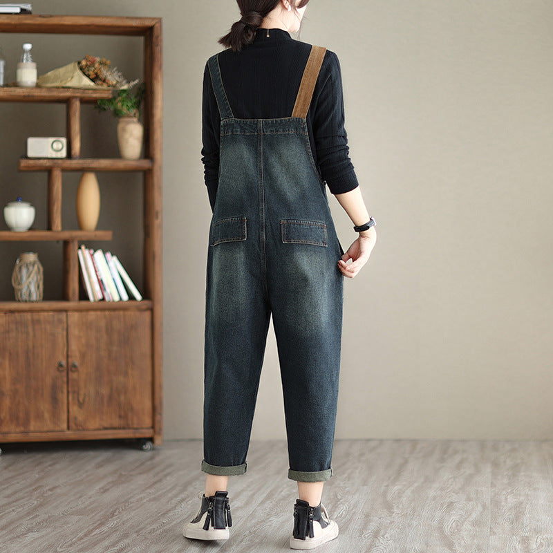 Fashionable Loose Navy Blue Denim Patchwork Pocket Jumpsuit Fall