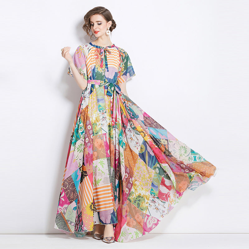 Retro Loose Patchwork Print Chiffon Dress