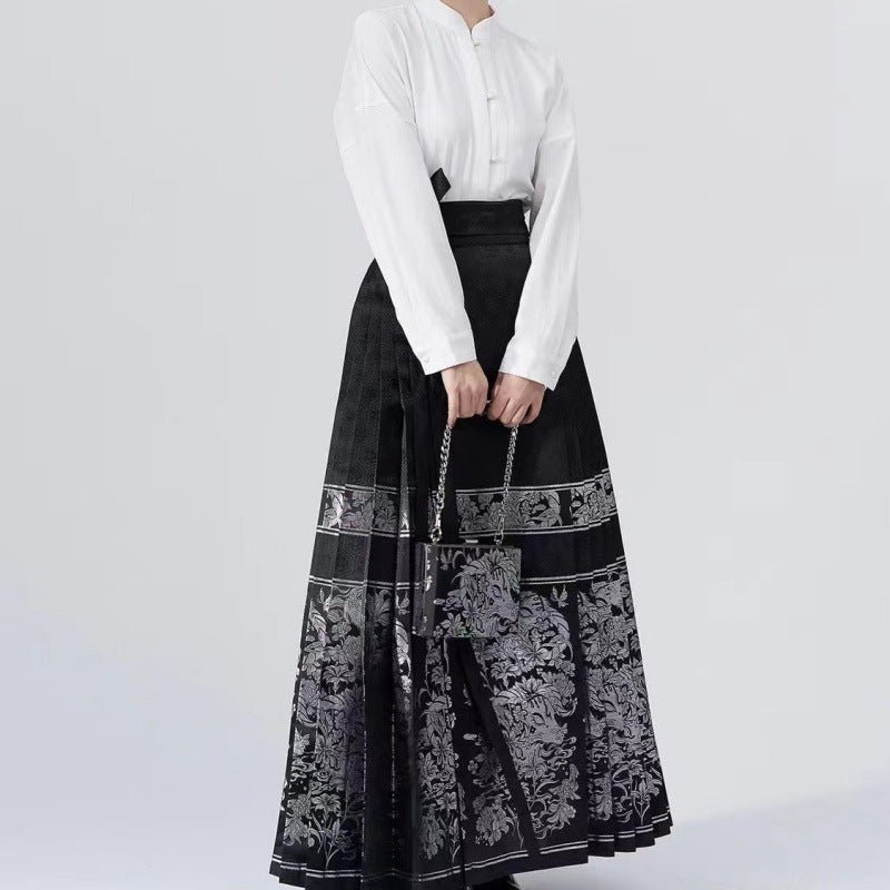 Elegant Black Retro Lace Up Loose Print Skirts Spring