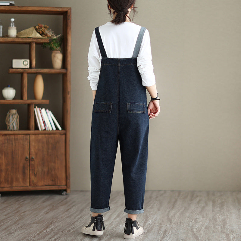 Navy Blue Pocket Colorblock Denim Jumpsuit Winter