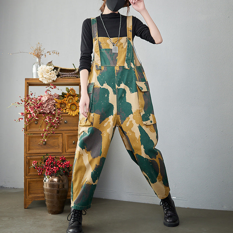 Stylish Yellow Printed Pockets Oversized Denim Jumpsuits Summer