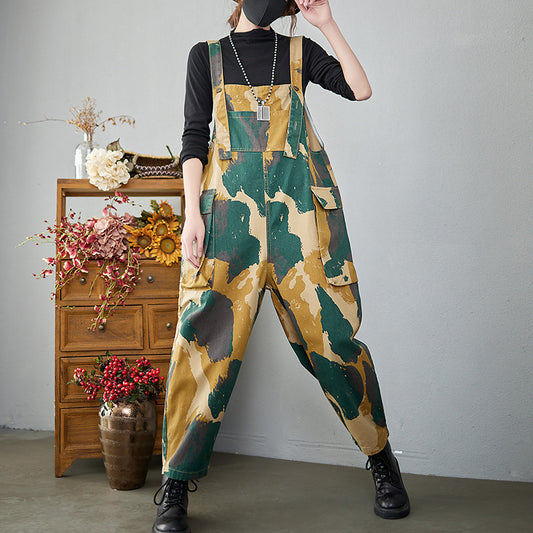 Stylish Yellow Printed Pockets Oversized Denim Jumpsuits Summer