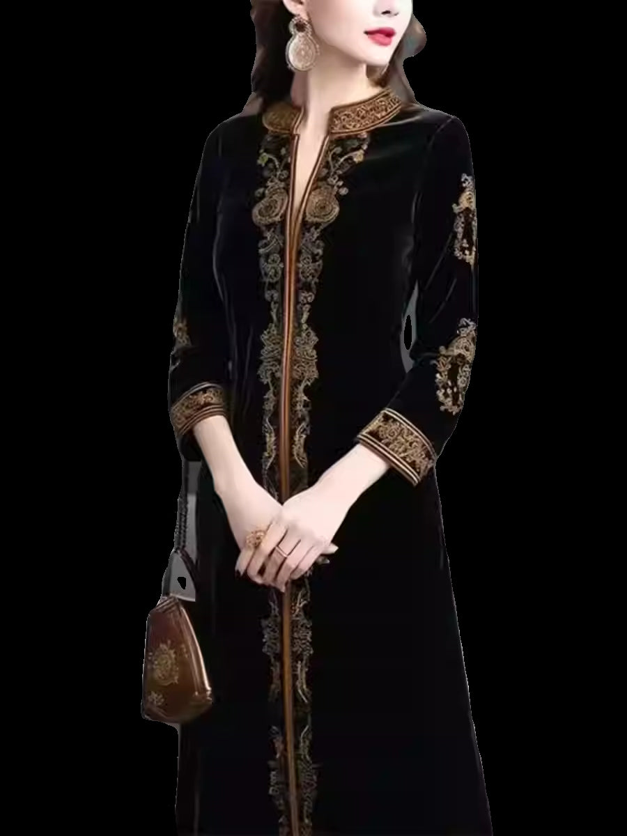 Velvet Stand Collar Geo Pattern Long Sleeve Length Dresses