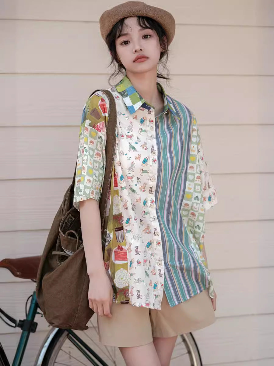 New Loose Print Pockets Shirt Top