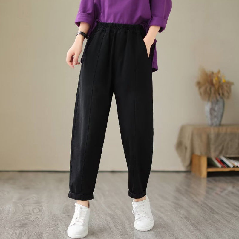 Retro Black Elastic High Waist Denim Cropped Pants Fall