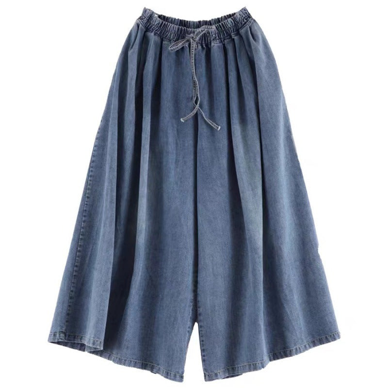 Loose Light Blue Pockets Elastic Waist Denim Wide Leg Pants Fall