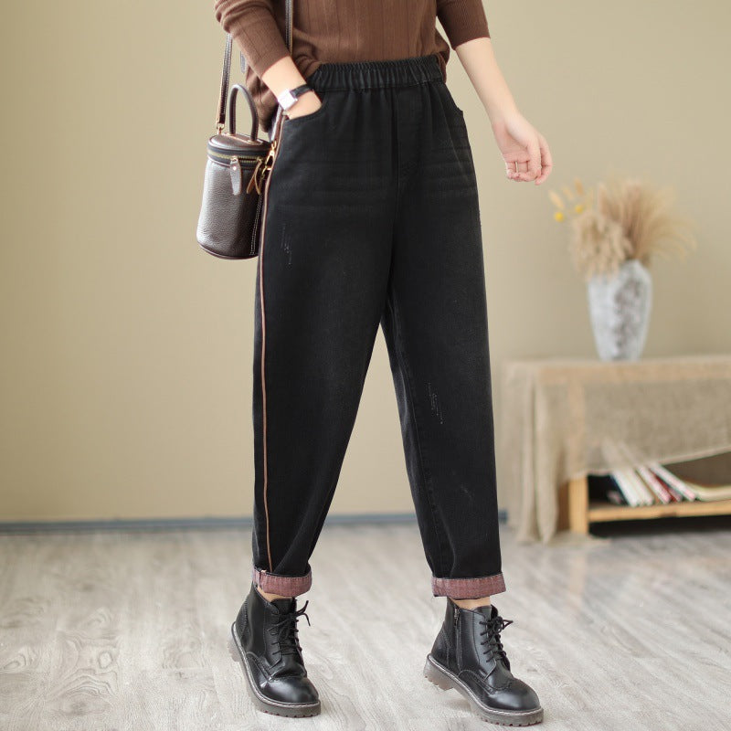 Trend Black Pockets Harem Denim Cropped Pants Fall