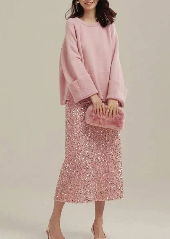 Women Pink Sequins Patchwork Back Side Open Velour Skirt Spring