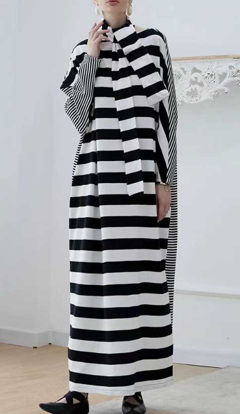 French Minimalist Striped Long Sleeve Long Dress