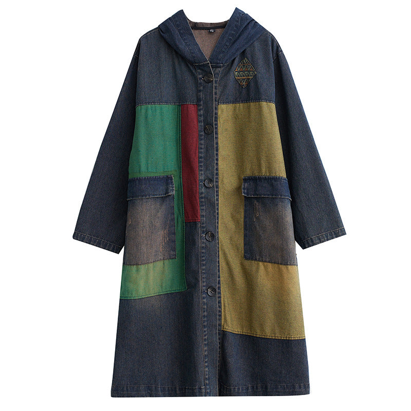 Vintage Button Pockets Patchwork Denim Coat Fall