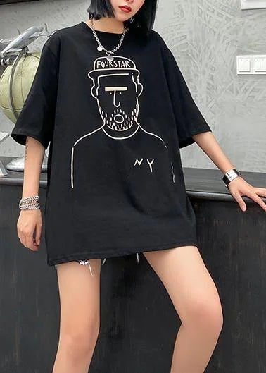 French Black O Neck Cartoon Print Half Sleeve T Shirt