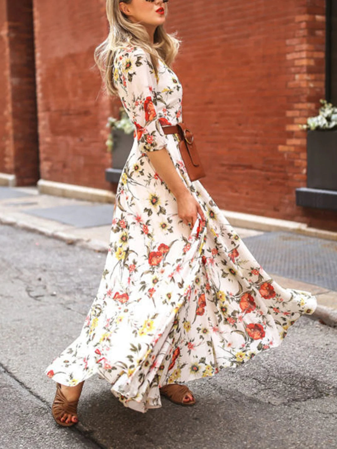 Elegant Floral Pattern Crew Neck Maxi Dress Lantern Sleeve