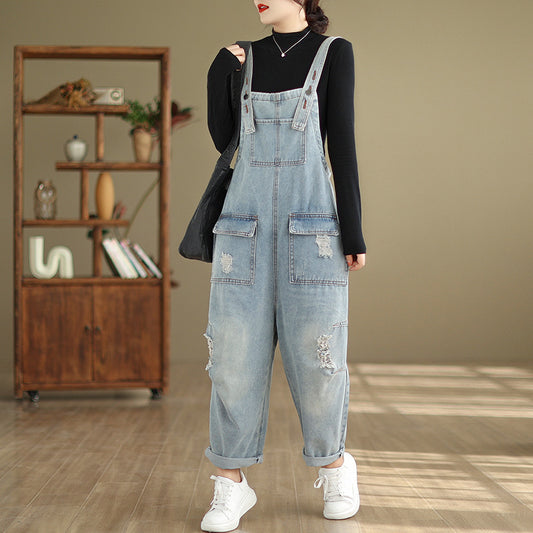 Art Retro Hole Pockets Light BLue Jumpsuit Fall