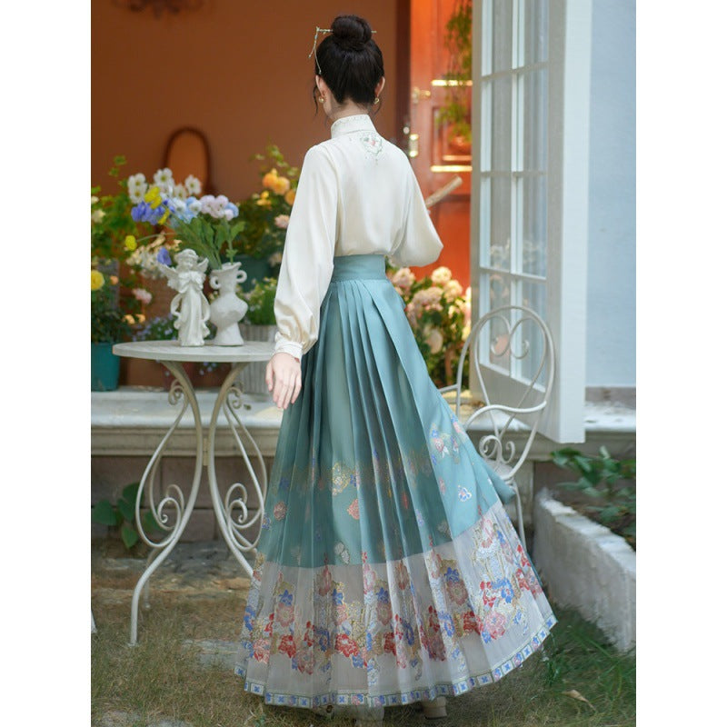 Blue Retro Chinese Lace Up Loose Embroidery Skirts Spring