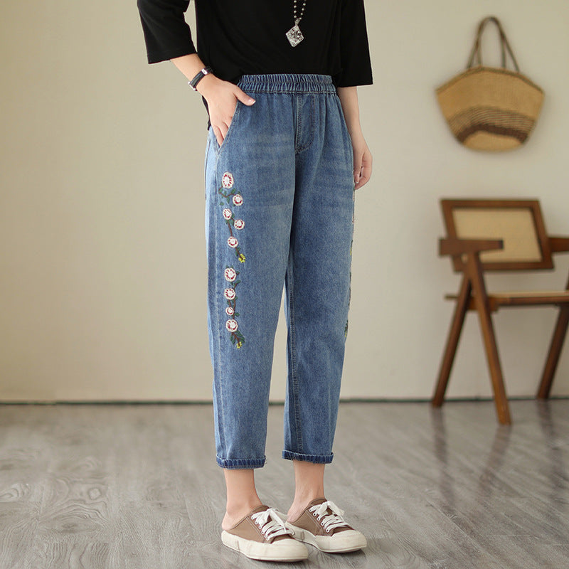 Trend Pockets Embroidered Elastic Waist Denim Pants Autumn