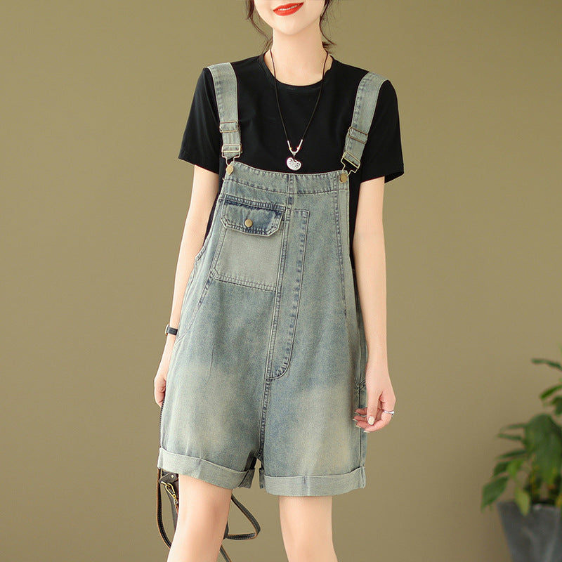 Fashionable Light Blue Patchwork Distressed Denim Jumpsuit Summer