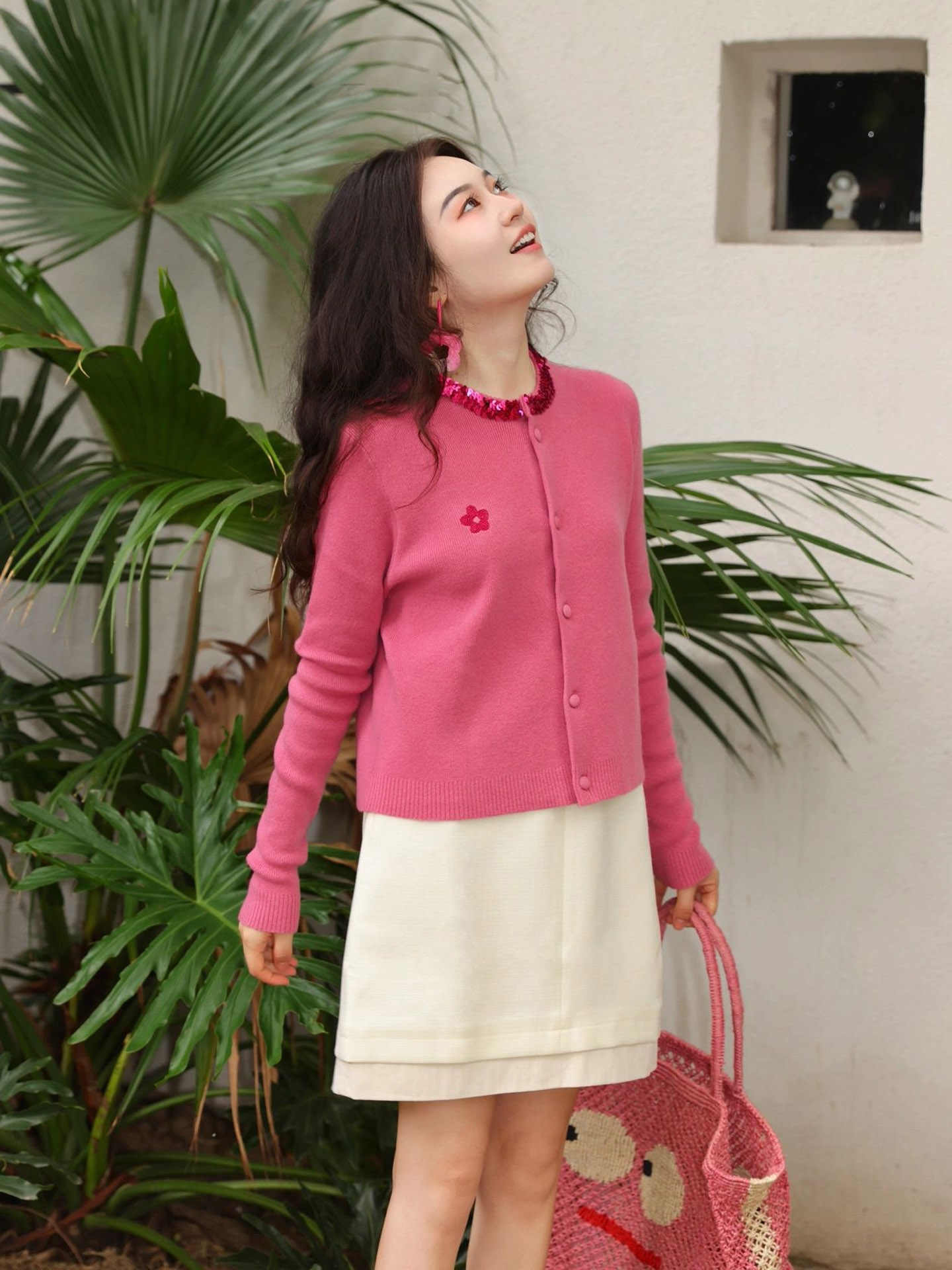 Cute Pink Embroidered Floral Sequins Cotton Knit Cardigans Fall