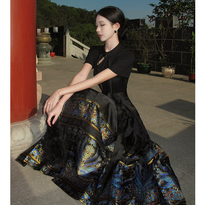 Elegant Black Chinese Lace Up Loose Hight Waist Skirts