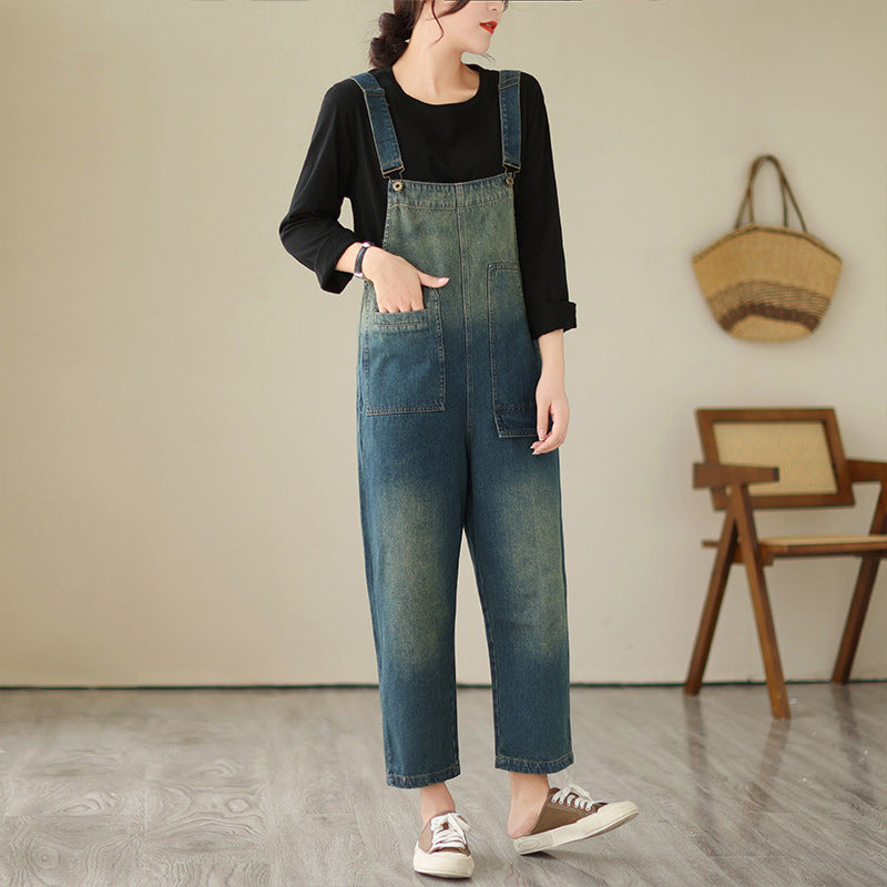 Loose Blue Gradient Color Denim Jumpsuit Fall