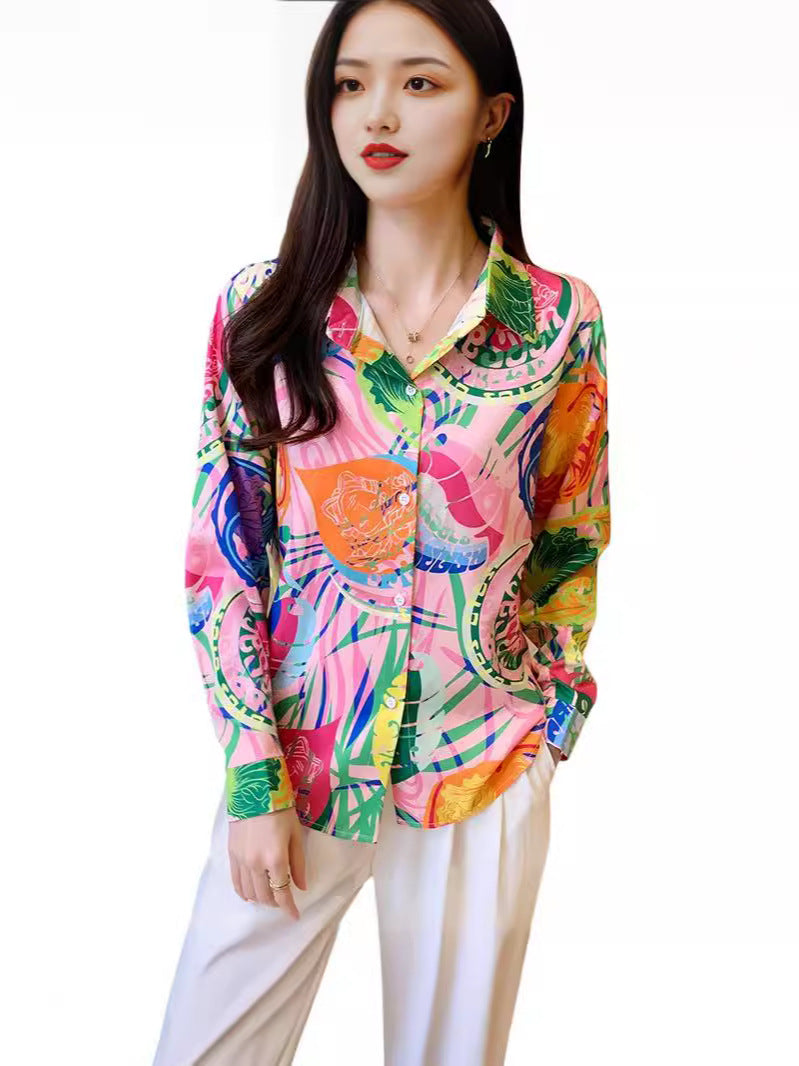 Fashionable casual Loose Button printed Long-Sleeved Shirt