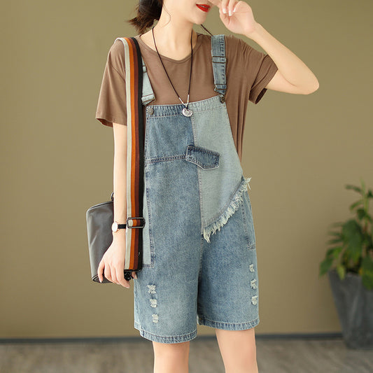 Art Loose Patchwork Distressed Denim Jumpsuit Summer