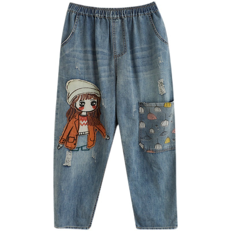 Loose Denim Blue Pockets Patchwork Harem Pants