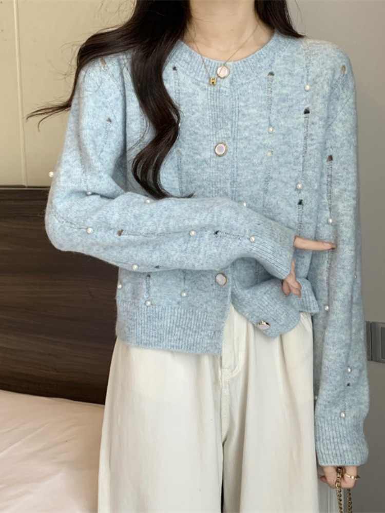 Brief Blue Nail Bead Cotton Knit Cardigans Winter