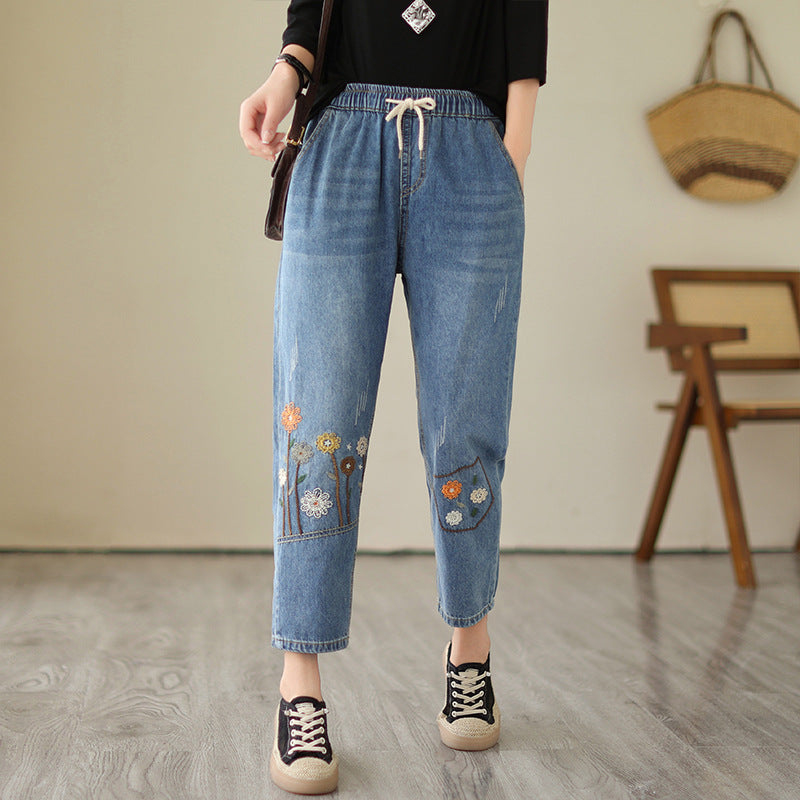 Trend Blue Embroidered Drawstring Elasticity Denim Pants Autumn