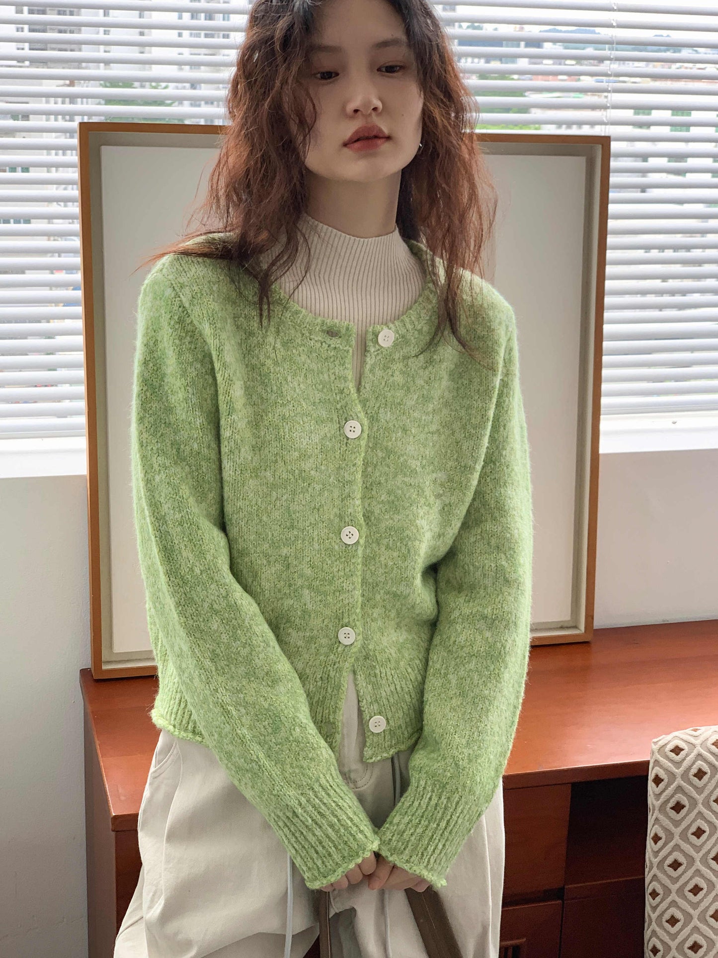 2024 Fitted Green O-Neck Button Cozy Cotton Knit Cardigan Winter