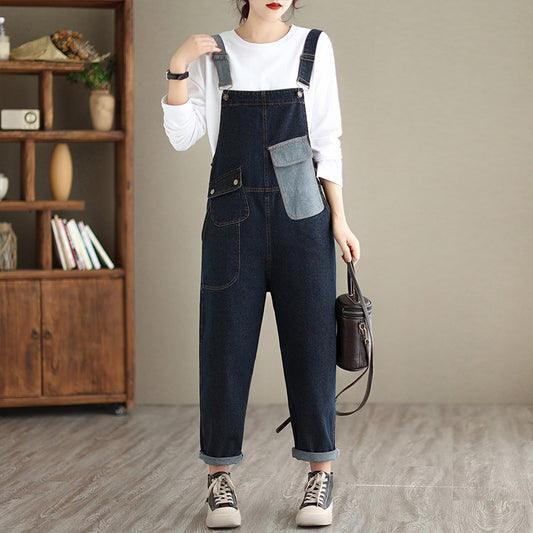 Navy Blue Pocket Colorblock Denim Jumpsuit Winter