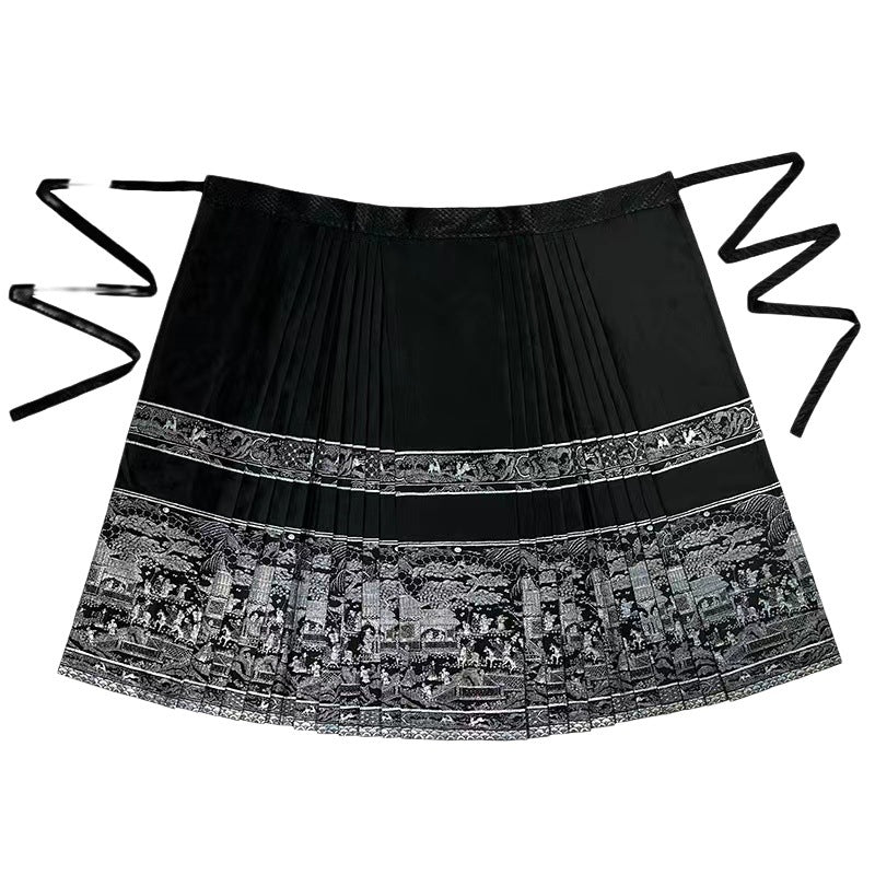 Black Embroideried Lace Up Loose Skirt Spring