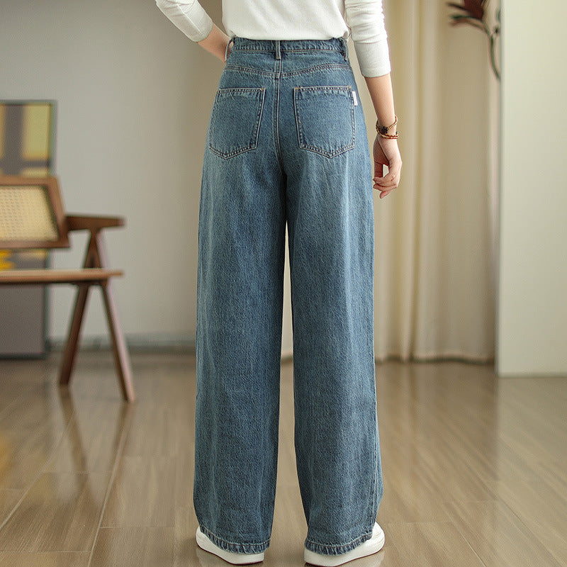 Trend Blue Pockets Waist Denim Pants Fall