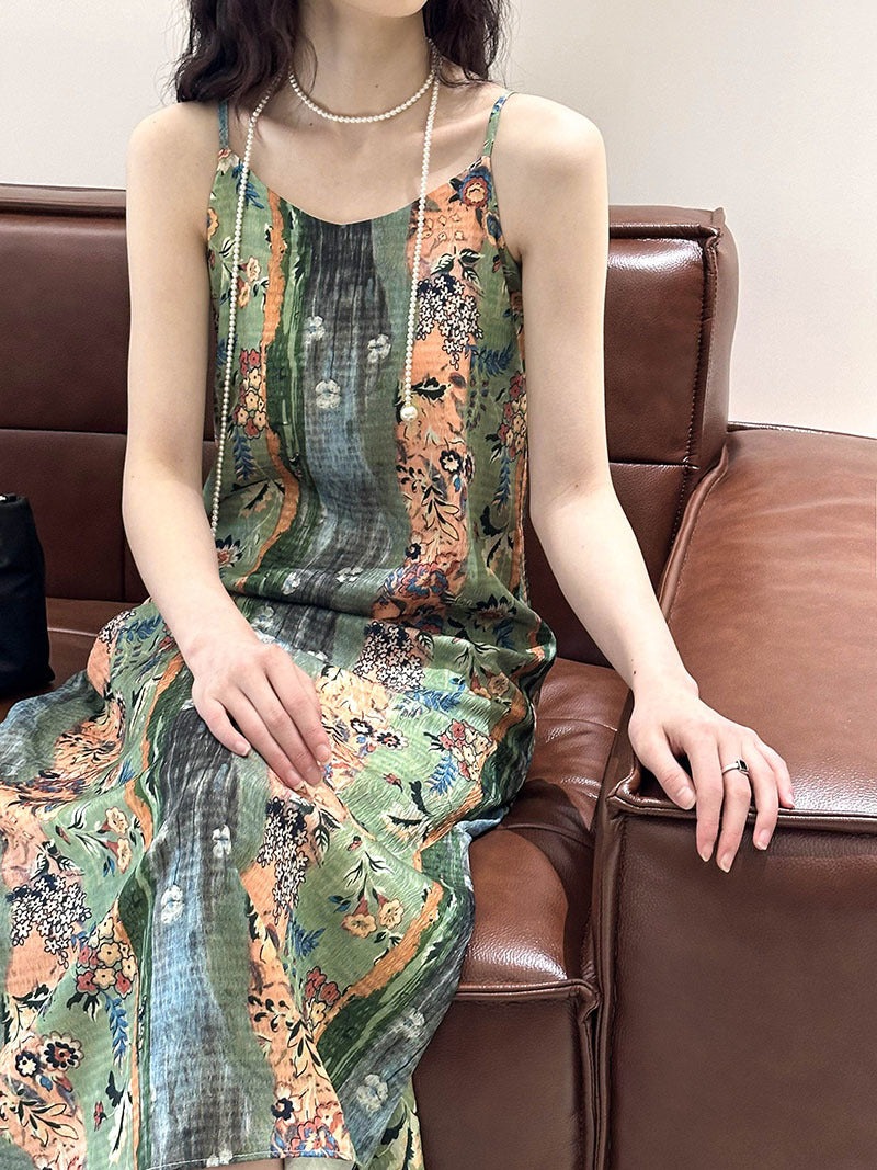 Fashion Retro Green Print Line Dresses Spring