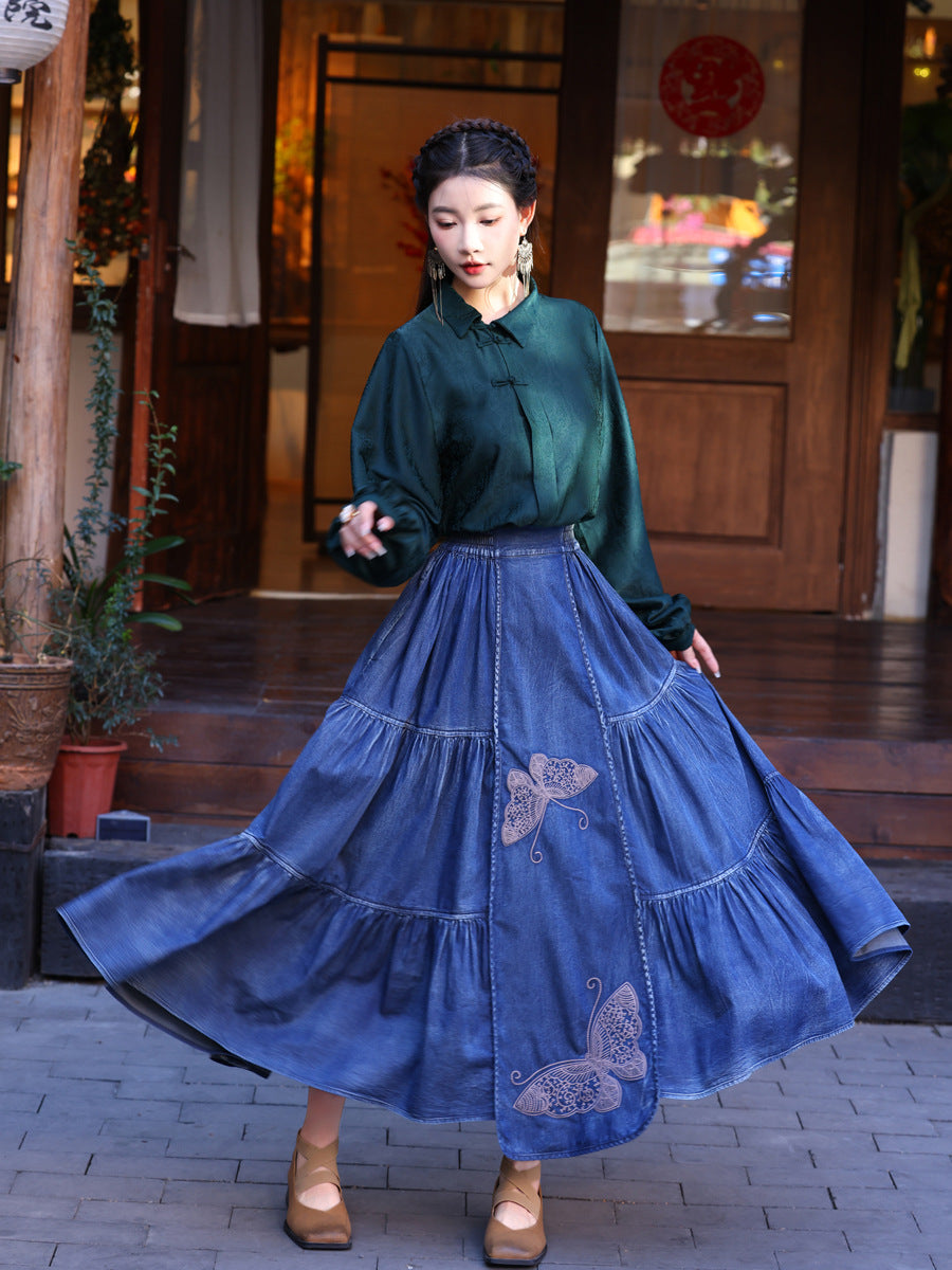 Chinese Style Blue Elastic Waist Embroidery Denim Skirts