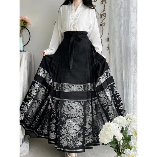 Elegant Black Retro Lace Up Loose Print Skirts Spring