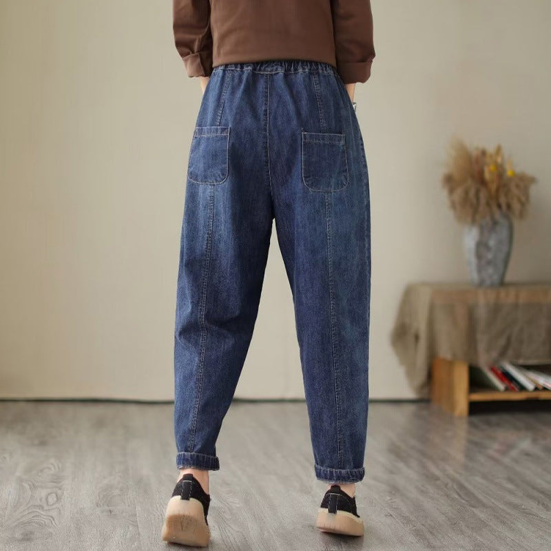 Retro Black Elastic High Waist Denim Cropped Pants Fall