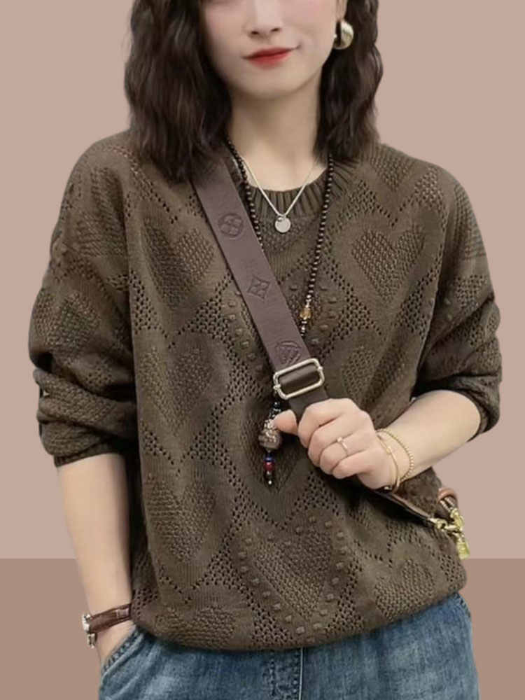 2024 Casual Rose O-Neck Hollow Out Cotton Knitted Sweaters Fall