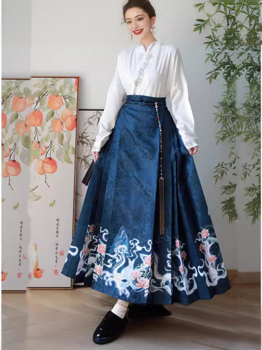 Blue Loose Chinese Style Print Lace Up Skirts Spring