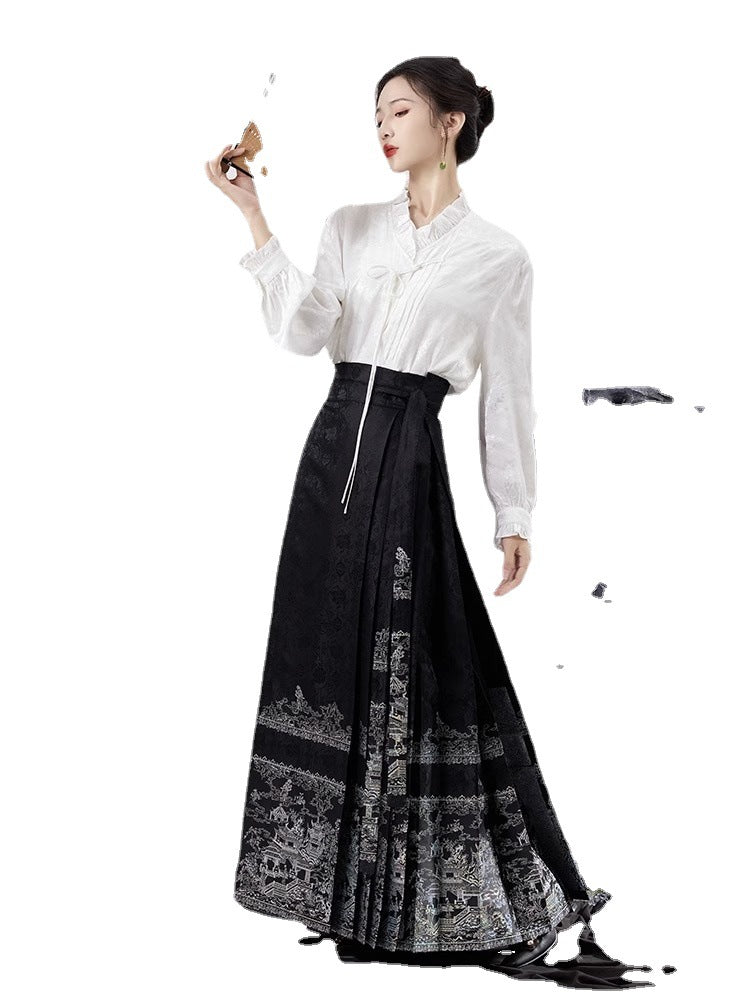 Retro Chinese Style Black Printing Skirts Spring