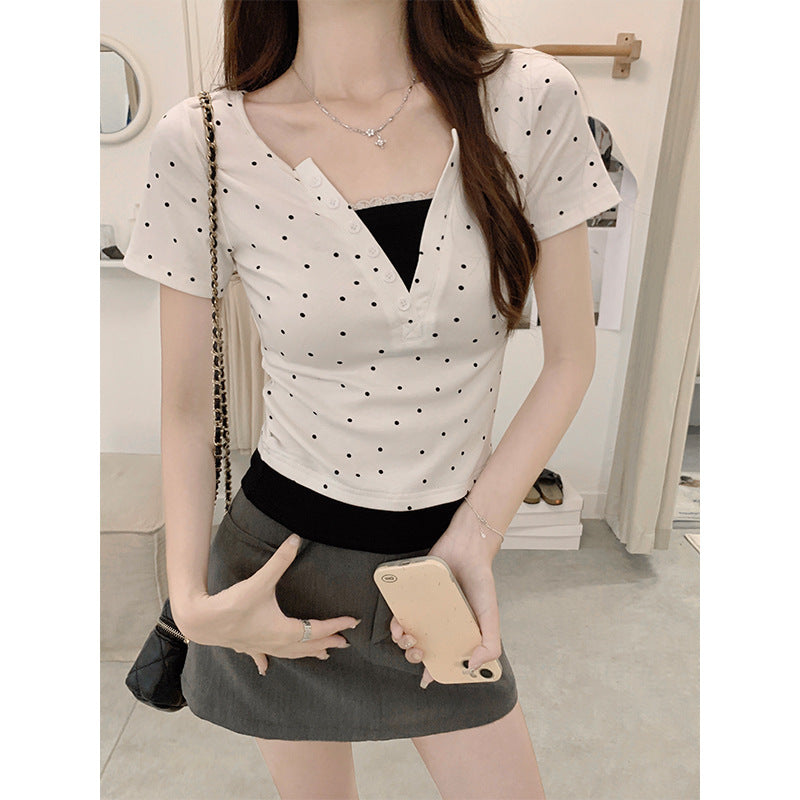 Women White Dotted Print Top Two Pieces Set Spring