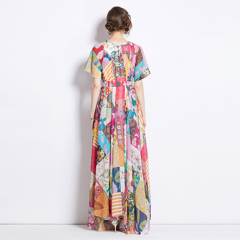 Retro Loose Patchwork Print Chiffon Dress