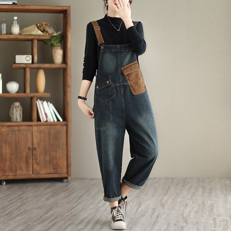 Fashionable Loose Navy Blue Denim Patchwork Pocket Jumpsuit Fall