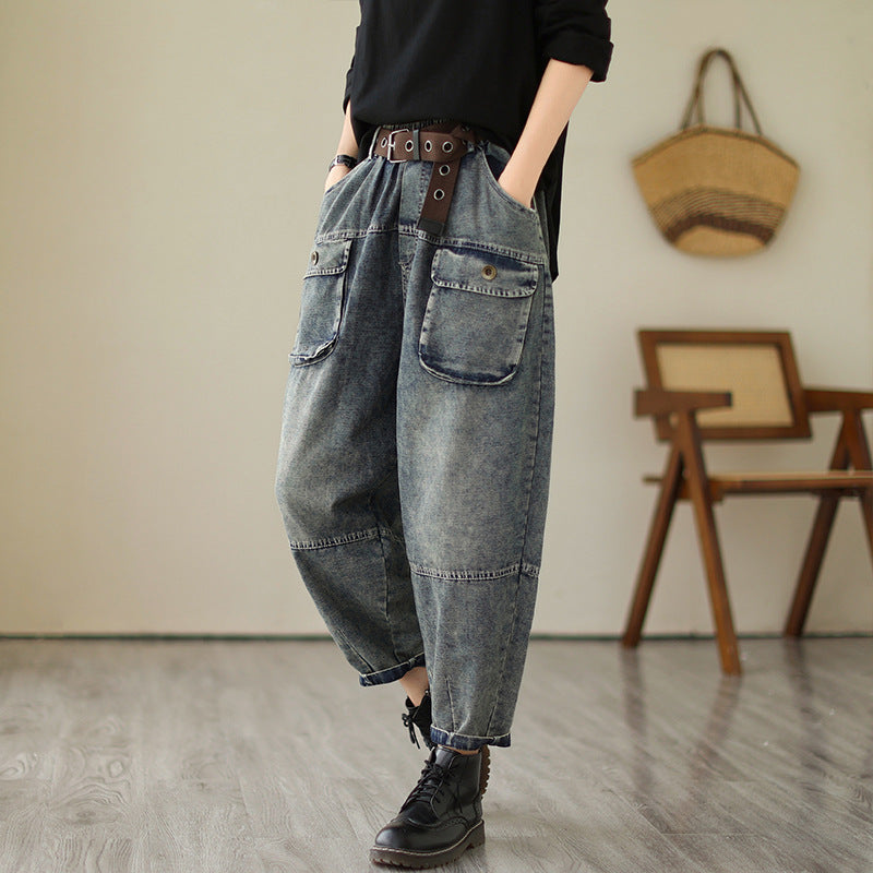 Classic Light Blue Loose Pockets Harem Denim Pants Summer