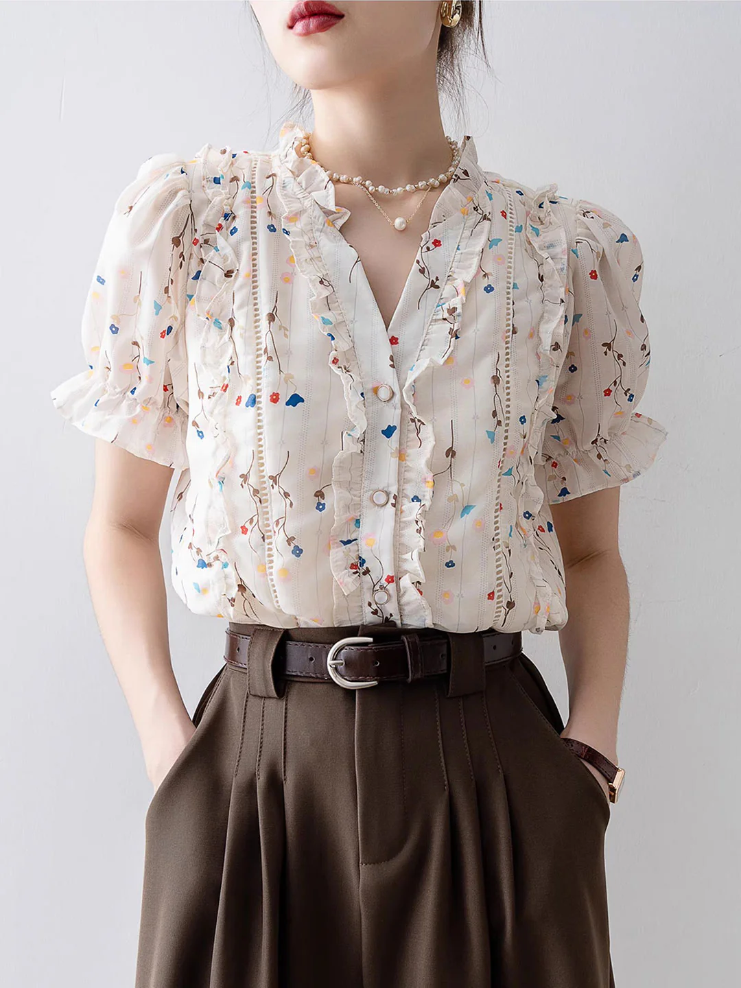 Elegant V-Neck Printed Chiffon Ruffle Short Sleeve Blouse Top