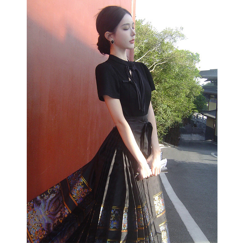 Elegant Black Chinese Lace Up Loose Hight Waist Skirts