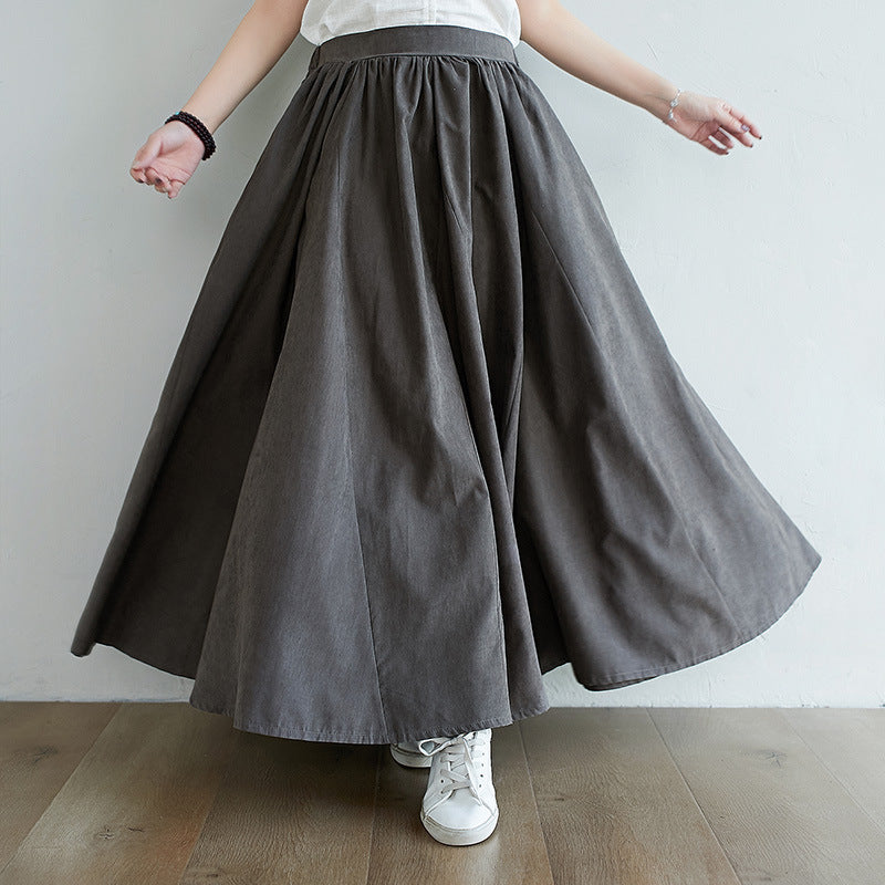 Loose Gray Cotton Skirt Elastic Waist Fall