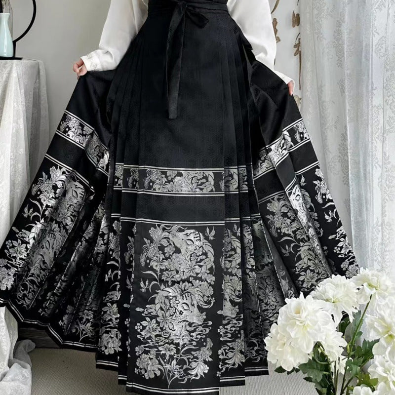 Elegant Black Retro Lace Up Loose Print Skirts Spring