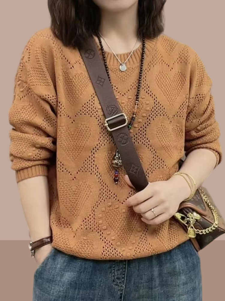 2024 Casual Rose O-Neck Hollow Out Cotton Knitted Sweaters Fall