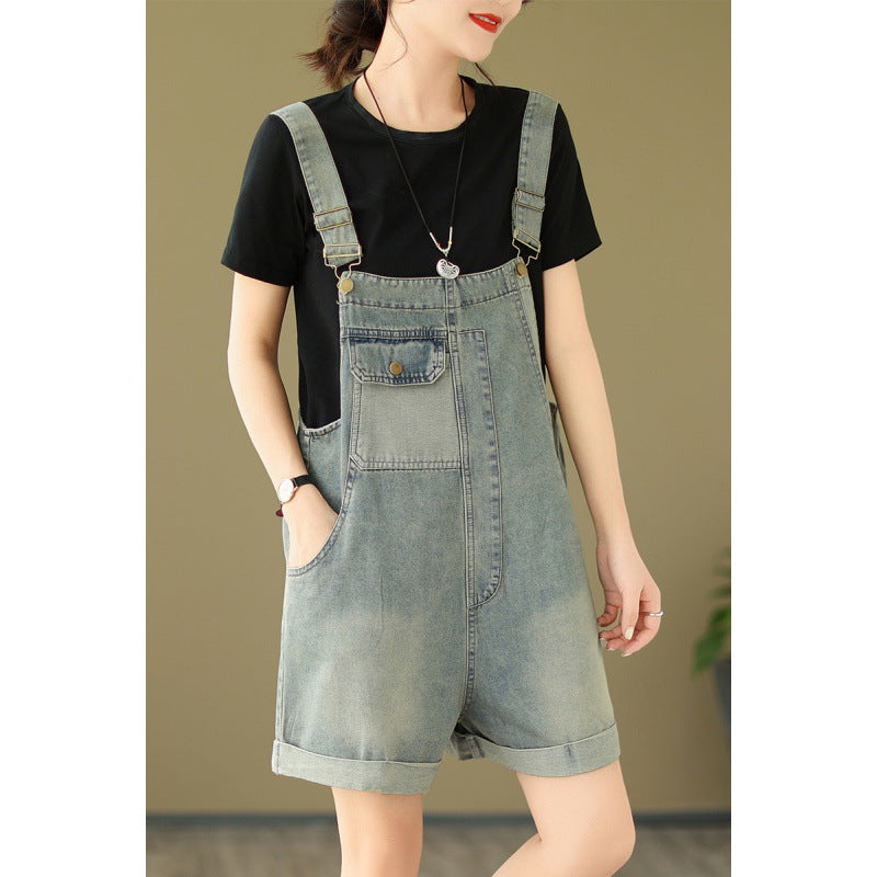 Fashionable Light Blue Patchwork Distressed Denim Jumpsuit Summer