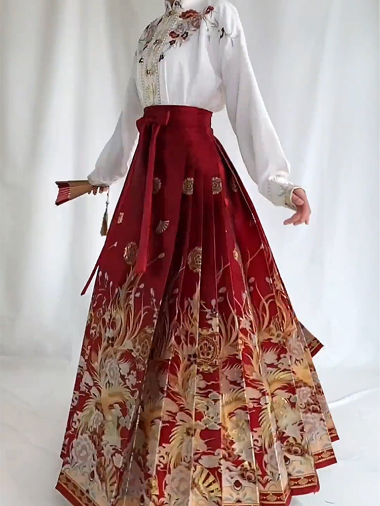 Red Elegant Chinese Style Lace Up Loose Hight Waist Embroidery Skirts